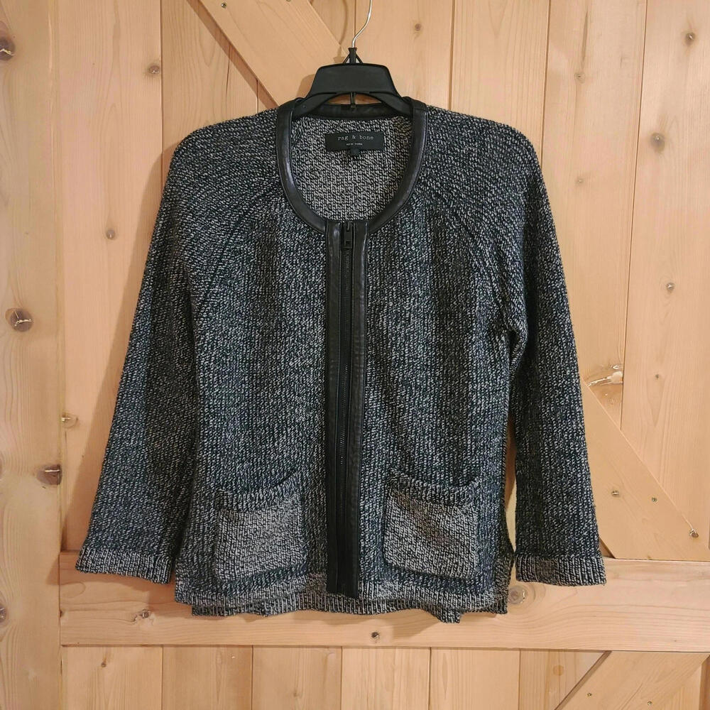 Rag & Bone Size SMALL Lamb Leather Trim Zip-Up Wool Blend Cardigan Jacket